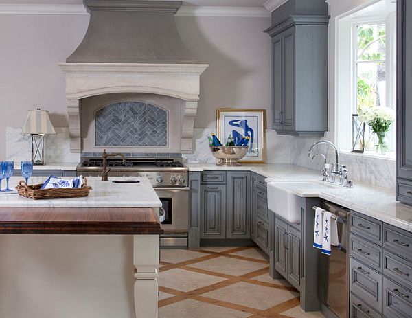 farmhouse kitchen with blue cabinets