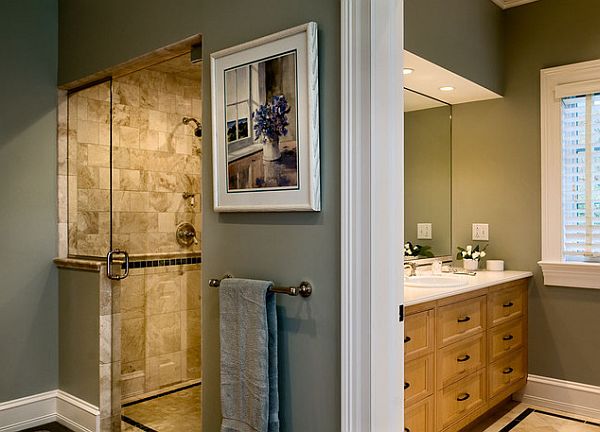 glass door shower with marble like tiles