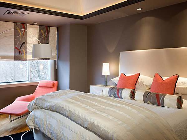 grey, cream and coral bedroom