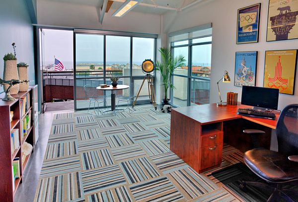 home office with striped carpet tiles