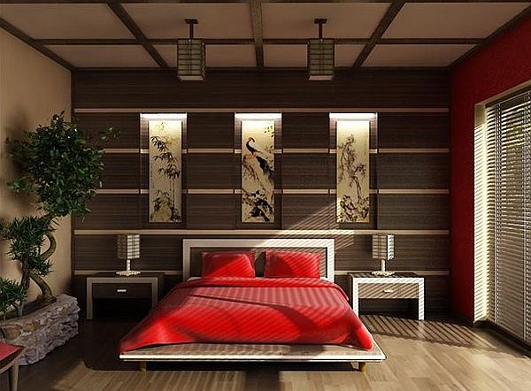 japanese style bedroom with red bedding