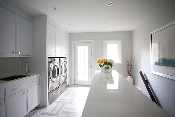 laundry room with stylish grey carpet tiles