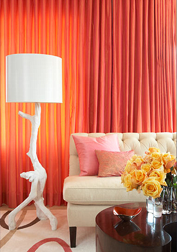 living room coral drapes