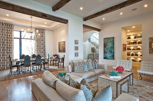 Living room with light turquoise and brown accents