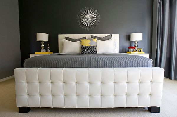 modern bedroom with yellow, grey and white color scheme