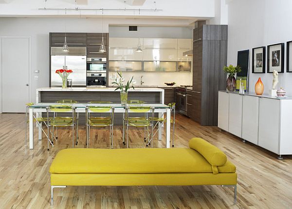 modern kitchen with open floor plan in grey and yellow