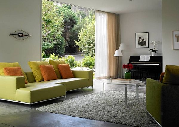 modern living room with green couch