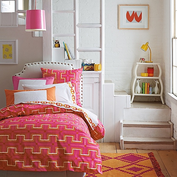 modern pink and orange geometric teen bedding