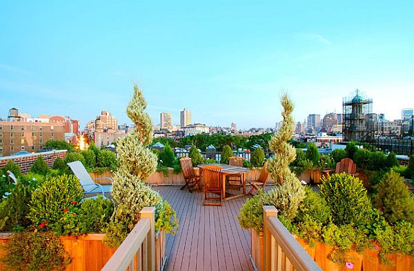 modern roof garden with traditional patio dining table