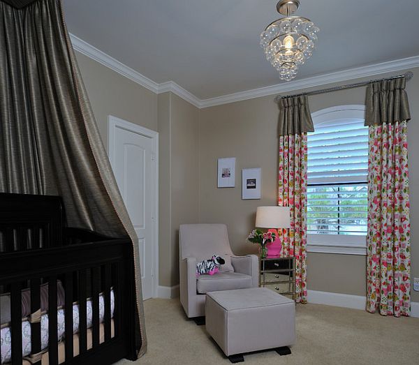 Nursery room with silk canopy baby crib