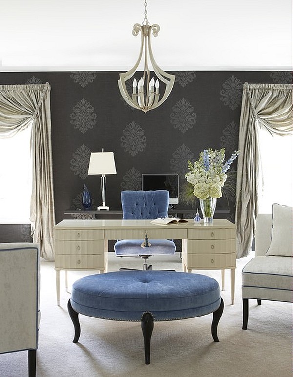 posh-design-for-a-home-office-with-a-blue-velvet-chair-and-ottoman