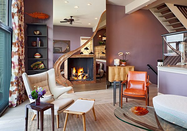 purple wall and orange accents - living room