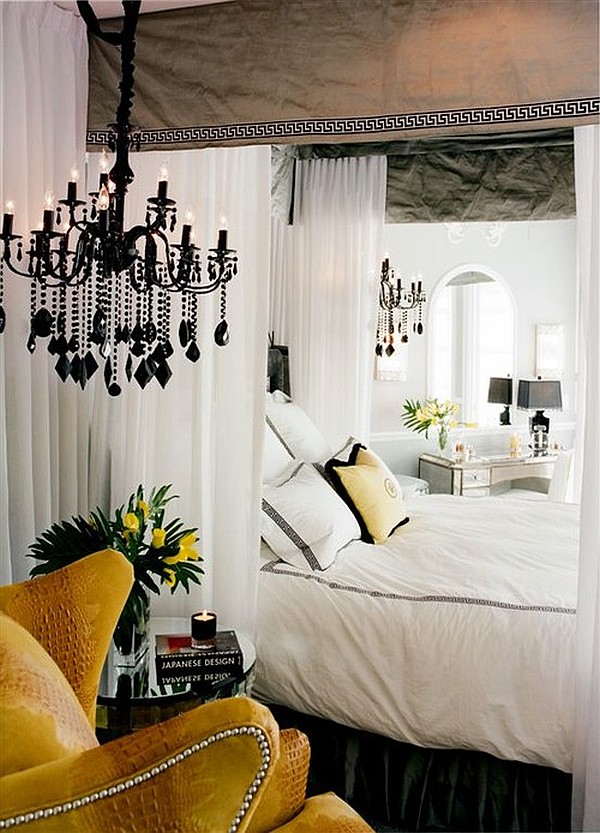 romantic bedroom with grey silk canopy