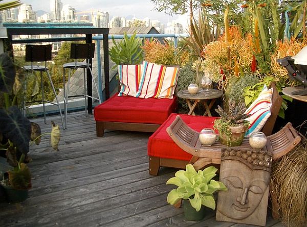 rooftop terrace with garden and comfy lounge chairs