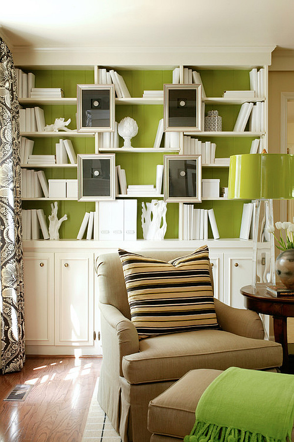 study room - white bookcase design with green walls