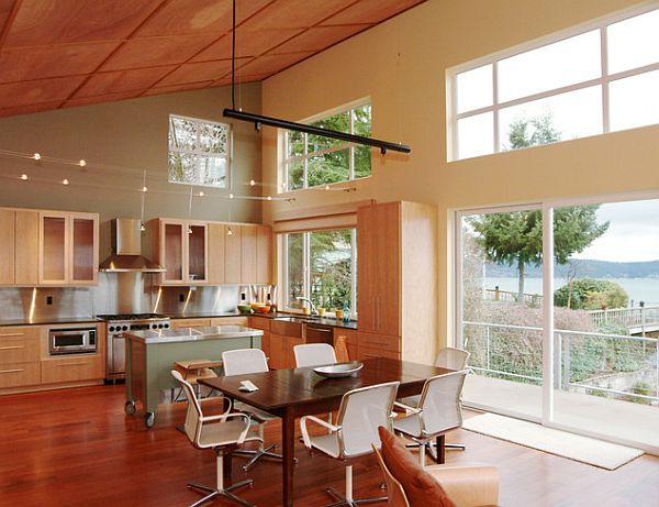 tall kitchen space with wooden walls