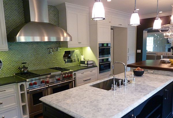 traditional kitchen with green tiles