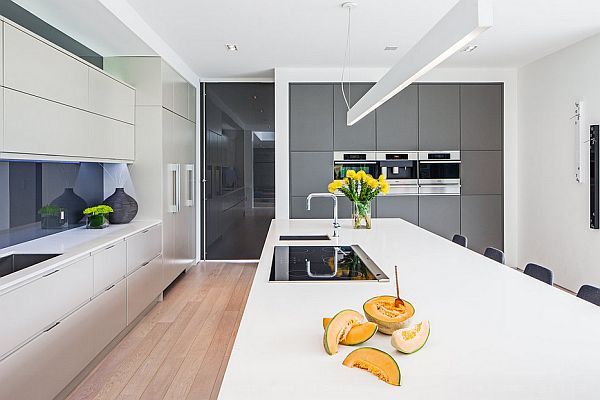 ultra modern kitchen with white and gray cabinets