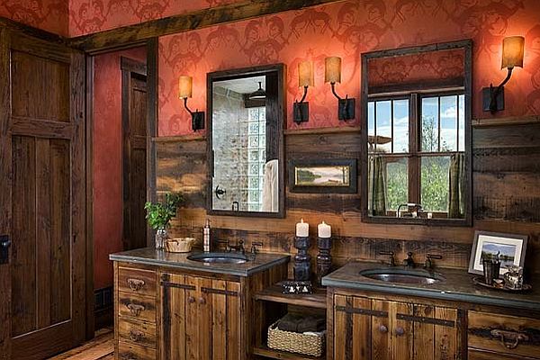 ultra rustic bathroom design with red walls and wooden cabinets