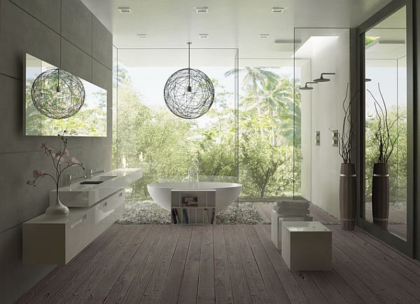 wood deck bathroom with frameless glass walk in shower