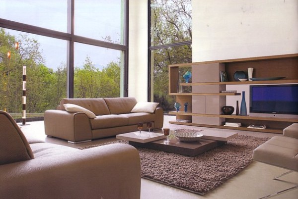 A-contemporary-living-room-with-a-large-shelving-unit