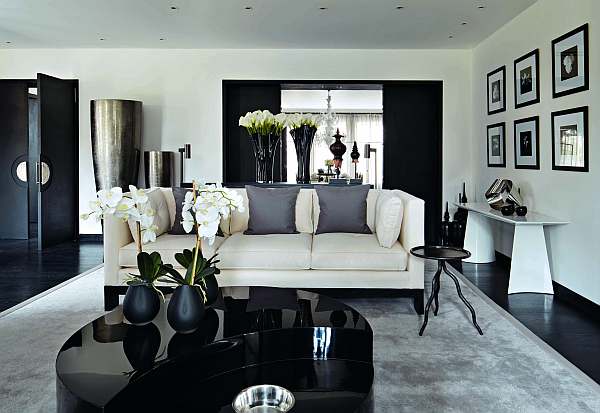 Black and white living room with glossy coffee table and comfy rug