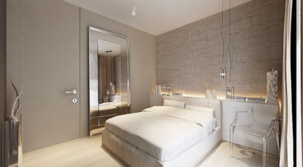 Grey bedroom design with huge mirror