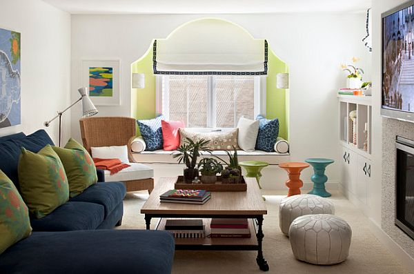 Moroccan style living room with colorful seat cushions