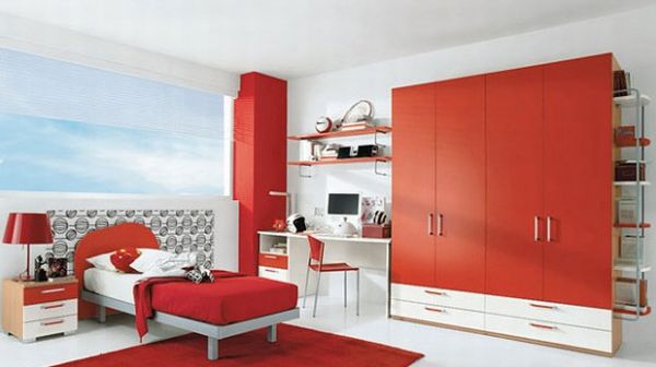 Red kids bedroom with a lovely view