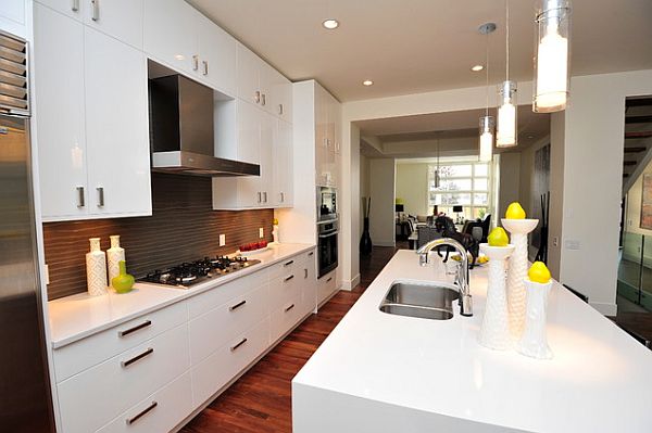 White kitchen with solid cherry wood flooring