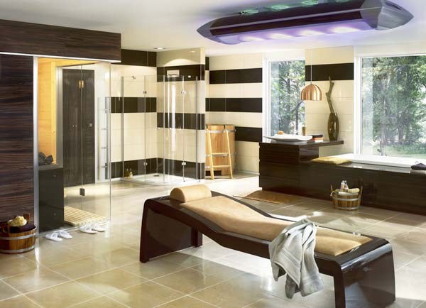 a luxury bathroom with seating