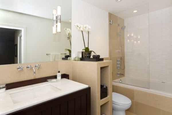 a modern bathroom with an orchid