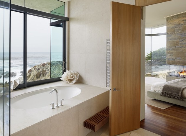 a modern bathroom with coral