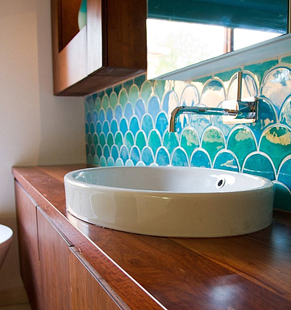 bathroom with ocean wave tile