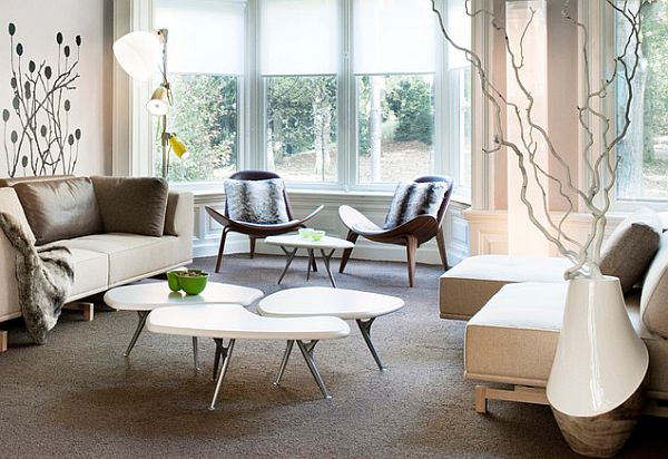 beautiful living room with irregular shaped coffee table