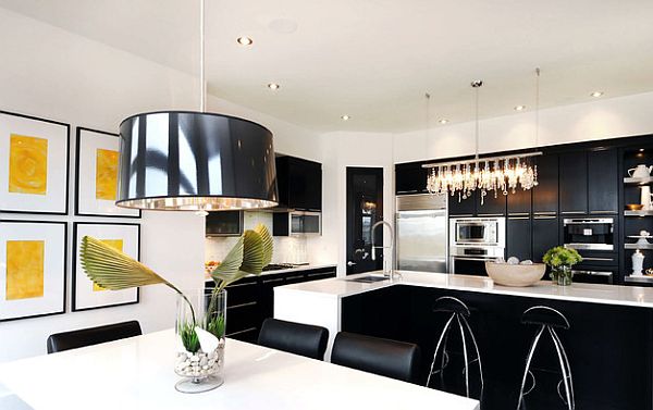 black and white kitchen with yellow wall art