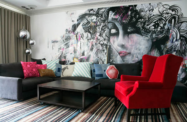 colorful living room with crazy wallpaper