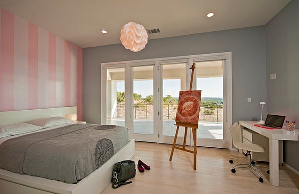 grey and white bedroom design with pink wall