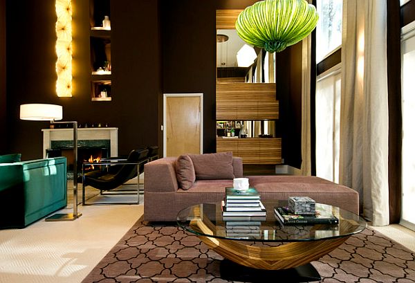 living room setting with modern glass cofffee table