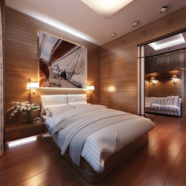 masculine bedroom with hardwood walls