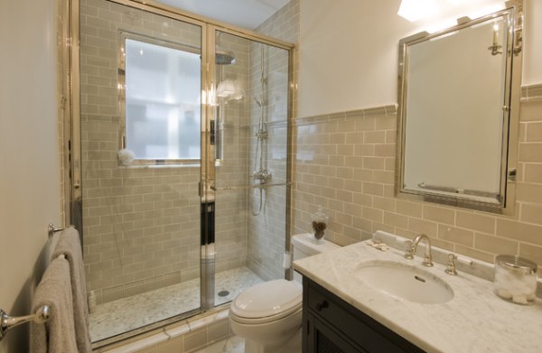 metal accents in a gray bathroom