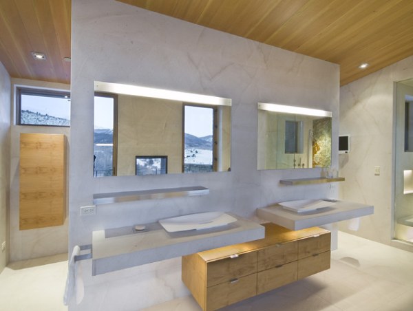 modern bathroom with wooden accents