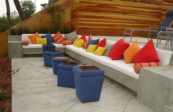 outdoor patio with colorful seat cushions
