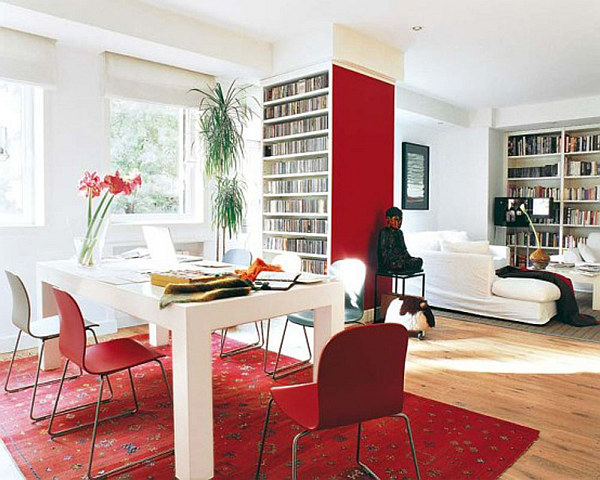 red furniture with white walls