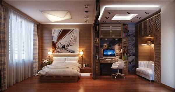 travel-inspired-bedroom-with-fancy-home-office