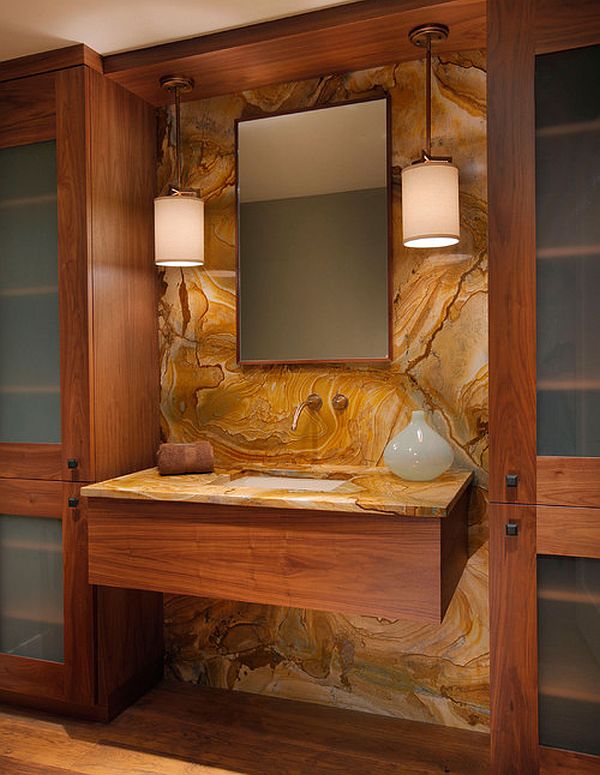 vanity with minimalist wood cabinet and stone slab