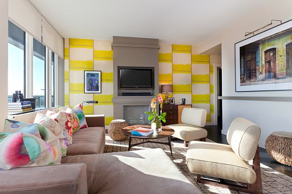 white and yellow wall in comfy living room