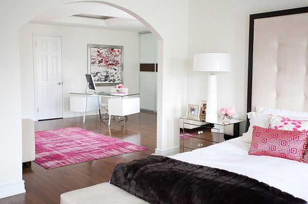 white bedroom with pink accents