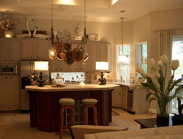 white kitchen with copper hanging pots