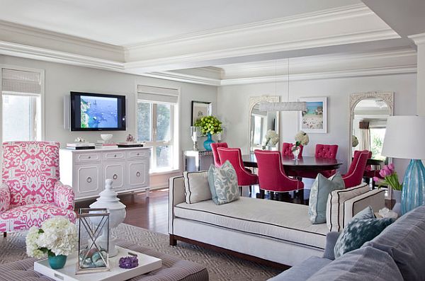 white traditional living room with pink accesory furniture